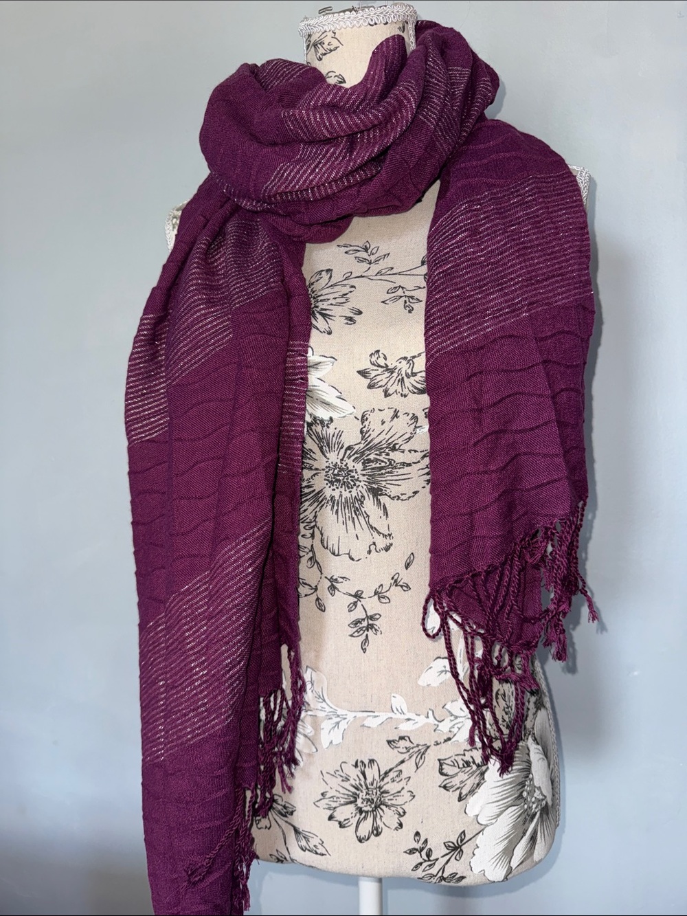Fringed Woven Wrap Scarf in Deep Plum